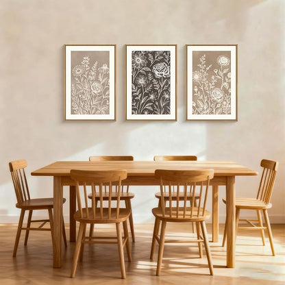 Neutral Boho Flower Framed Canvas Wall Art Set,Vintage Rose Peony Wildflower Wall Decor,Modern Natural Brown Black Floral Botanical Artwork for Living Room, Bedroom,Farmhouse-16 x24 x3