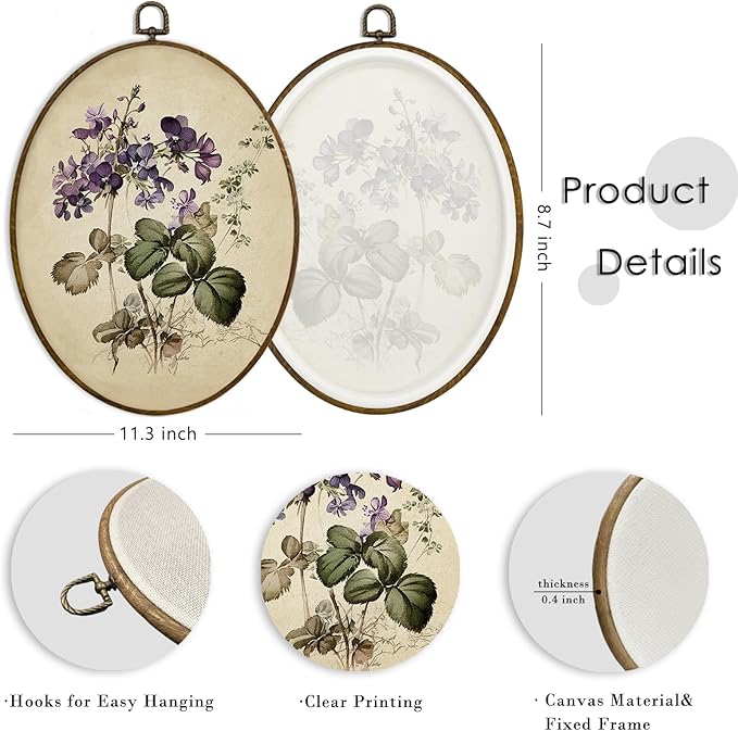MAQIKA Vintage Purple Flower Oval Framed Wall Art Decor, Floral Wall Decor, Wildflower oval Wall Oval Decor, Retro Botanical Canvas Prints Wall Art for Bedroom Living Room, 8.7x11.3 Inch