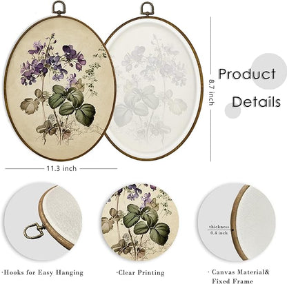 MAQIKA Vintage Purple Flower Oval Framed Wall Art Decor, Floral Wall Decor, Wildflower oval Wall Oval Decor, Retro Botanical Canvas Prints Wall Art for Bedroom Living Room, 8.7x11.3 Inch