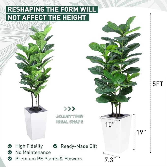 5Ft Fiddle Leaf Fig Tree with White Tall Planter - Fake Fig Silk Plants with 62 Large Fiddle Leaves,Artificial Trees for Home Decor Indoor Outdoor Office
