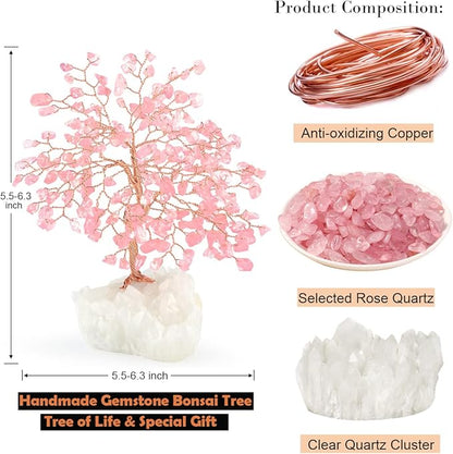 Gemstone Crystal Tree of Life,Natural Rose Quartz Clear Quartz Cluster Base,Healing Crystal Positive Energy Bonsai Feng Shui Money Tree Home Decor for Luck and Wealth 5.5"-6.3"