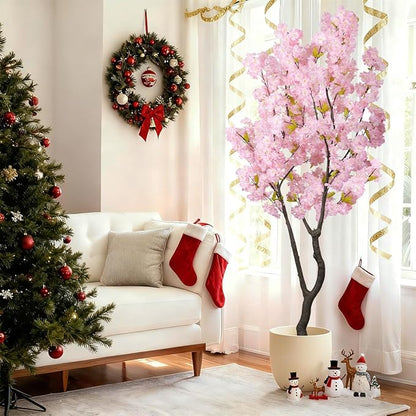 6.56ft Tall Pink Artificial Cherry Blossom Tree Decor, Fake Silk Flower Plant Indoor, Sakura Tree Realistic Faux Cherry Tree for Christmas New Year Home Decor
