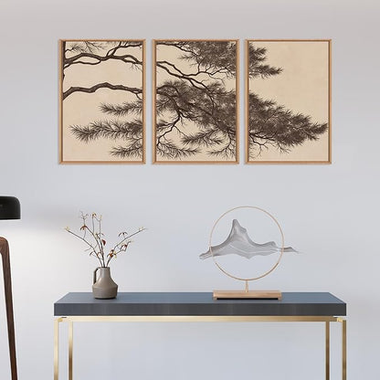 LHIUEM Large Vintage Pine Tree Branch Framed Canvas Wall Art,Sketch Botanical Wall Decor,Nature Plant Artwork,Brown Antique Etching Art Prints for Living Room,Bedroom,Office- 24"x36"x3