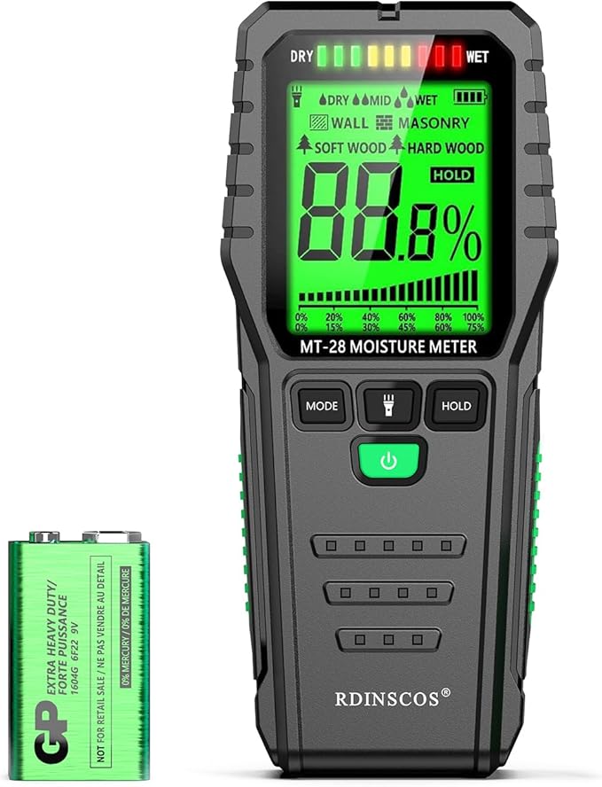 RDINSCOS Pinless Moisture Meter for Drywall, Wood & Masonry – Non-Invasive Digital Moisture Detector with 19mm Depth, Flashlight, LCD Display – Ideal for Leak Detection & Water Damage