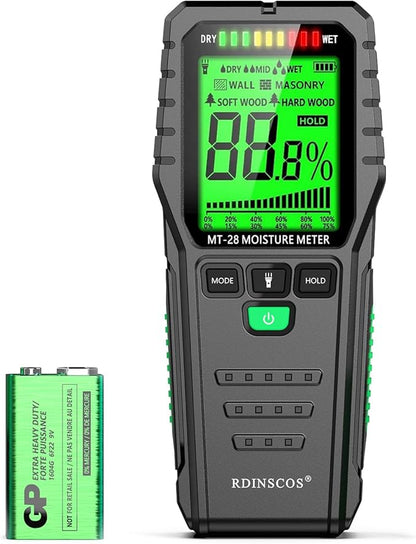 RDINSCOS Pinless Moisture Meter for Drywall, Wood & Masonry – Non-Invasive Digital Moisture Detector with 19mm Depth, Flashlight, LCD Display – Ideal for Leak Detection & Water Damage