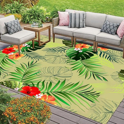 Tropical Theme Green Red Flowers and Palm Monstera Leaves Indoor Outdoor Area Rug 2x6 Waterproof Machine Washable Durable Rug for Patio Deck Porch Balcony Backyard Rv Camping Floor Carpet Mat