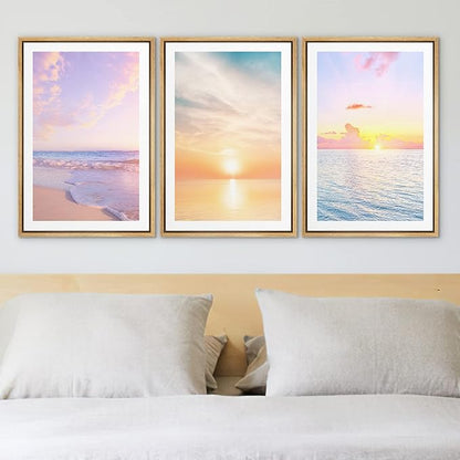 Ashbrook Framed Wall Art Print Set Pastel Dawn Sunset Ocean Beach Wave Landscape Nature Wilderness Photography Modern Art Scenic Colorful Chic for Living Room, Bedroom, Office - 24"x36"x3 Natural