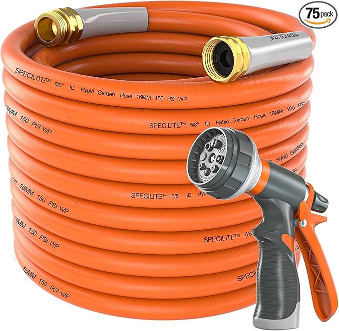 SPECILITE Garden Water Hose 75 ft x 5/8 in Heavy Duty, Flexible and Lightweight, Burst 600 psi, Kink-less Hybrid Rubber Pipe for Backyard, 3/4'' Brass Fittings, Orange