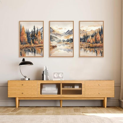 LHIUEM Large Neutral Mountain Framed Canvas Wall Art, Nature Foggy Forest Wall Decor, Watercolor Autumn Landscape, Woodland Artwork for Living Room, Bedroom, Office - 24"x36"x3