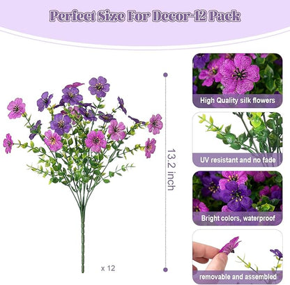 Artificial Fake Mums Flowers for Outdoor Fall Decor, 12 Bundles Faux Flowers Plants Silk Daisy for Planter Pot Colorful UV Resistant Look Real for Front Door Porch Patio Outside Yard(Light Purple)