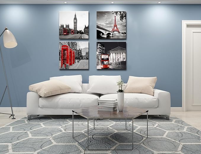 Black and White City Landscape Wall Art for Bedroom Red Street Scenery Canvas Decor for Bathroom Paris Eiffel Tower Pictures Prints London Big Ben Artwork for Living Room Office 16"x16"