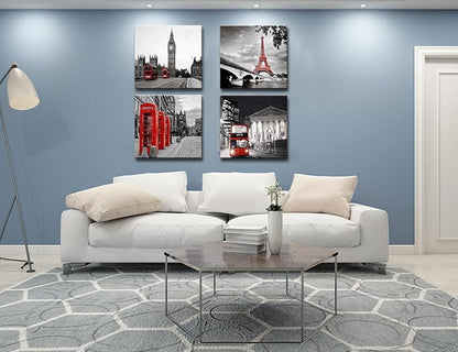 Black and White City Landscape Wall Art for Bedroom Red Street Scenery Canvas Decor for Bathroom Paris Eiffel Tower Pictures Prints London Big Ben Artwork for Living Room Office 16"x16"