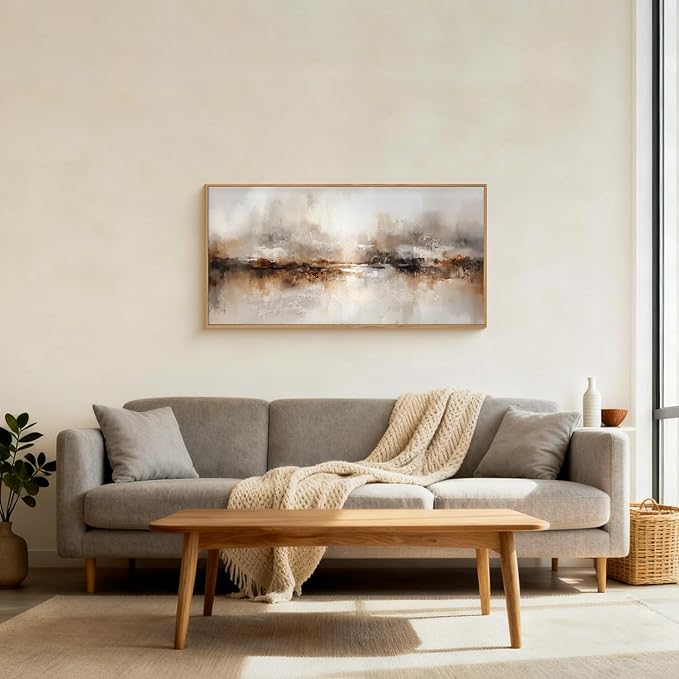 Large Abstract Brown Framed Canvas Wall Art,Neutral Brush Stroke Wall Decor,Modern Beige Gray Painting,Minimalist Textured Artwork for Living Room,Bedroom,Dining Room,Office -20"x40"x1
