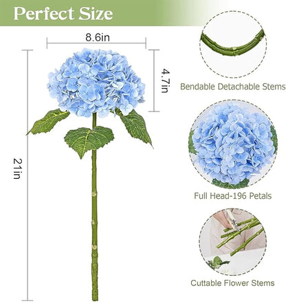 Waipfaru 21" Real Touch Blue Hydrangea Artificial Flowers with Long Stem & Leaves, Full Latex Faux Hydrangea Flowers for Home Decor Party Floral Arrangements Wedding Bouquets Centerpieces, 3Pcs