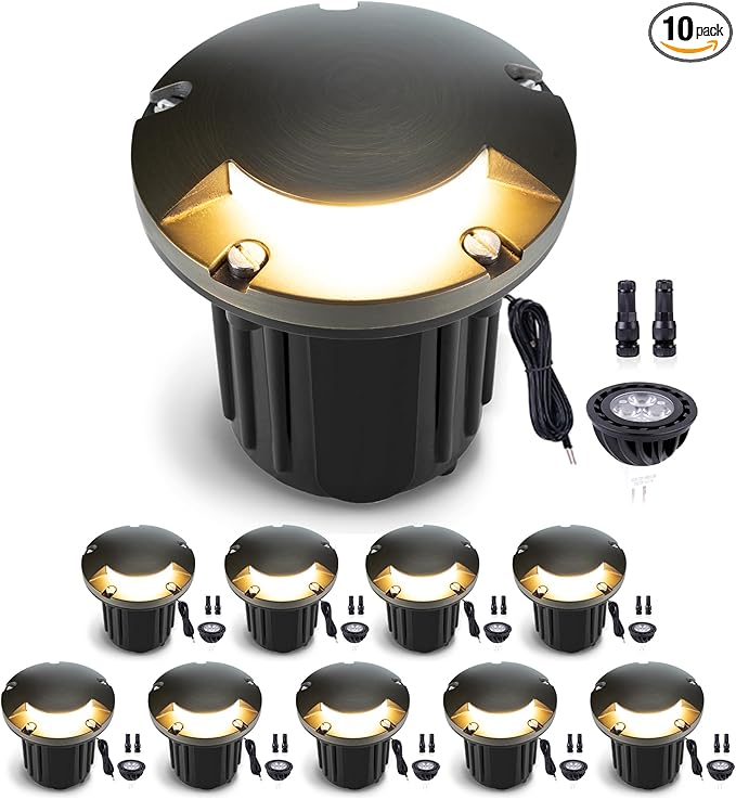Gardenreet Low Voltage Outdoor Well Light - Brass Low Voltage All Weather 12V In Ground Lighting, Wired LED Fixture, Antique Bronze for Lawn Backyard Pathway with 4000K Neutral White MR16 Bulb