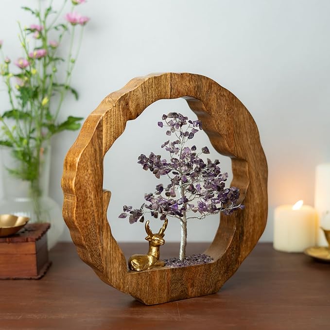 RITUALISTIC Amethyst Crystal Tree with Reindeer Handcrafted Feng Shui Gemstone Bonsai Tree Chakra Handmade Home Decor Wealth & Luck Crystal Showpiece Decorative Spiritual Gifts Standard Purple