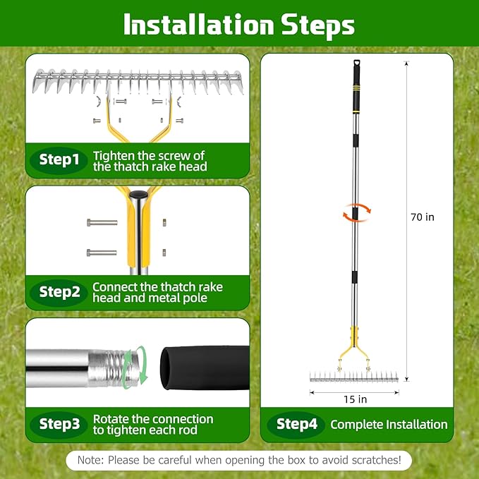 Thatch Rake, 15 Inch Lawn Thatching Rakes for Cleaning Dead Grass, Efficient Metal Steel Lawn Dethatcher with Sponge Handle, Lawn loosening Soil Grass Rake (Silver)