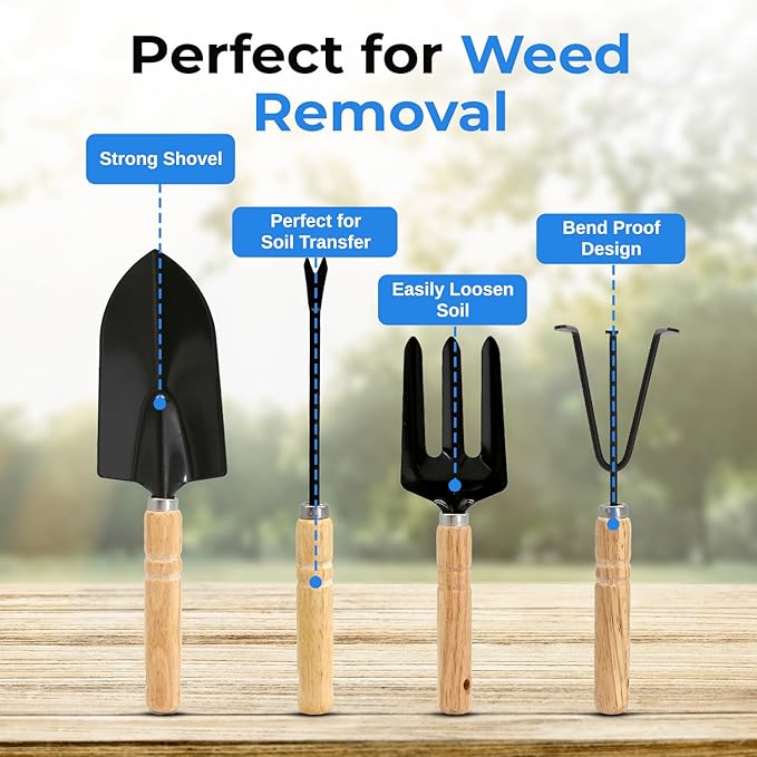 Scuddles 8-Piece Garden Tool Set with Bag, Stainless Steel Tools, Wooden Handles and Fingertip Claw Gloves for Digging, Landscaping and Heavy Gardening