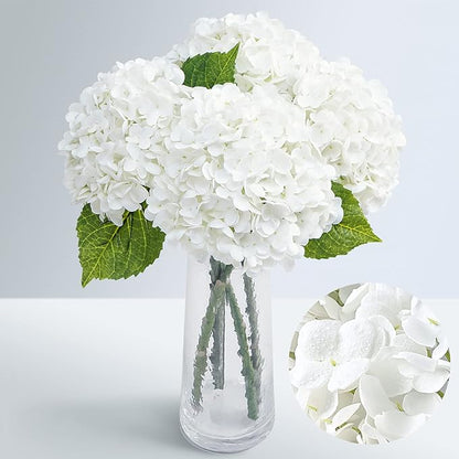 Waipfaru 21" Real Touch White Hydrangea Artificial Flowers with Long Stem & Leaves, Full Latex Faux Hydrangea Flowers for Home Decor Party Floral Arrangements Wedding Bouquets Centerpieces, 4Pcs