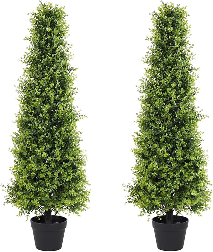 4ft Artificial Boxwood Topiary Trees, Set of 2 – UV Resistant Faux Evergreen Shrubs and Bushes for Outdoor Planters, Realistic Fake Plants for Front Porch Outside Patio Yard, 4 Foot Tall