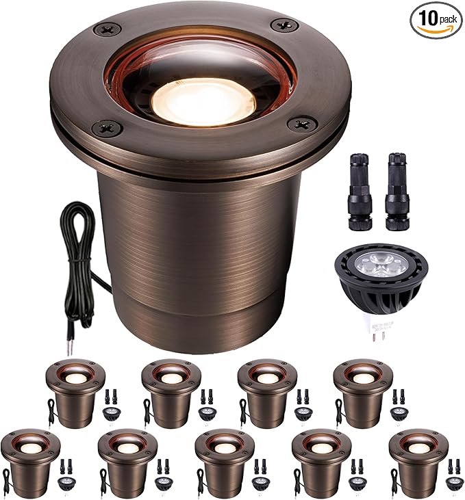 Gardenreet In Ground Landscape Lighting Low Voltage - Brass Ip67 LED Well Light, 12V Hardwired Outdoor Inground Light, Antique Bronze for Lawn Garden Patio with 2700K Warm White MR16 Bulb (10 Pack)