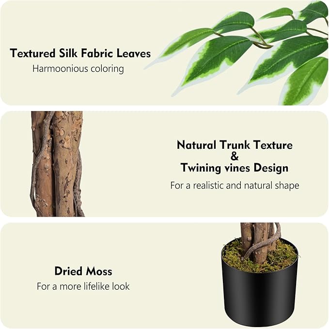 6.2ft Ficus Artificial Trees with 3 Natural Curved Trunks, 74" Tall Lush Faux Tree for Home Decor Indoor, Green Lifelike Fake Ficus Tree 1pcs