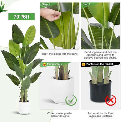 Artificial Bird of Paradise Plant 6Ft Tall Fake Tropical Palm Tree Large Fake Plants with 13 Silk Banana Leaves Faux Plant Indoor Decor Trees with White Pot for Home Bedroom Living Room Office（2pcs）