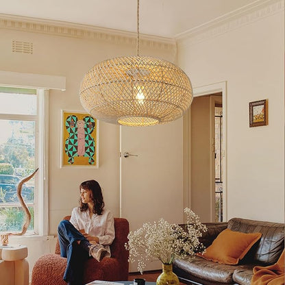Rattan Pendant Light 16" 1-Light Hand-Woven Rattan Hanging Light，Wicker Woven Basket Chandelier，Modern Bohemian Pendant Lamp for Kitchen Island Foyer Farmhouse Porch