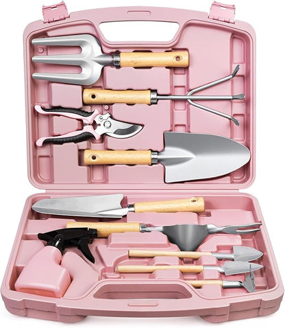 12-Piece Womens Gardening Tools Gift Set, Rust-Proof & Heavy-Duty Garden Tools with Durable Carrying Case, Fashionable & Thoughtful Gardening Gifts for Women&Men (Pink-Silver)