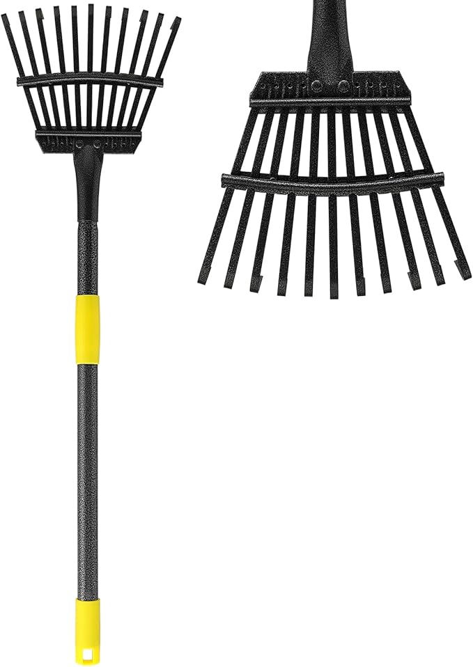 Garden Leaf Rake for Lawns Heavy Duty, Adjustable Shrub Iron Thatch Rake Long Handle 30-72", 11 Tines 9" Wide Adult Kids Yard Small Metal Rake for Leaves Gardening Camping Debris Flower Beds