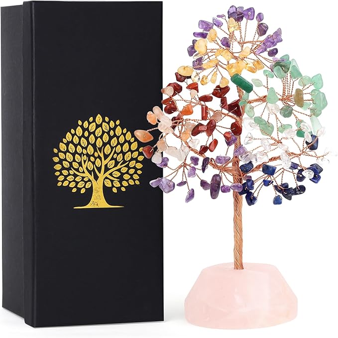 SITUMEIZI 7 Chakra Crystals 7.09IN Healing Stones Natural Rose Quartz Base Copper Wire Tree Life Reiki Gifts for Women Sister Room Office Desk Decor Birthday House Warming Gift