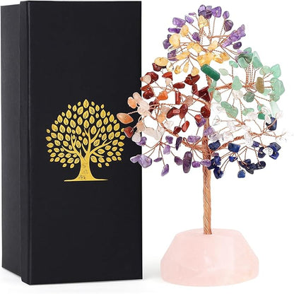 SITUMEIZI 7 Chakra Crystals 7.09IN Healing Stones Natural Rose Quartz Base Copper Wire Tree Life Reiki Gifts for Women Sister Room Office Desk Decor Birthday House Warming Gift
