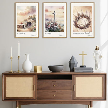 Ausril 3 Pcs Christian Cross Framed Wall Art Set, Jesus Empty Tomb Canvas Decor, Christian Religious Bible Painting, Jesus Crucifixion Risen Easter Print for Living Room, Bedroom, Church 24X36inch