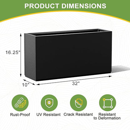 Metal Planter Box Rectangular Planter Box with Drainage Hole, Outdoor Large Planters, All-Weather Use, Rust-Resistance, for Flowers Plants, 32" L × 10" W × 16.3" H, Black