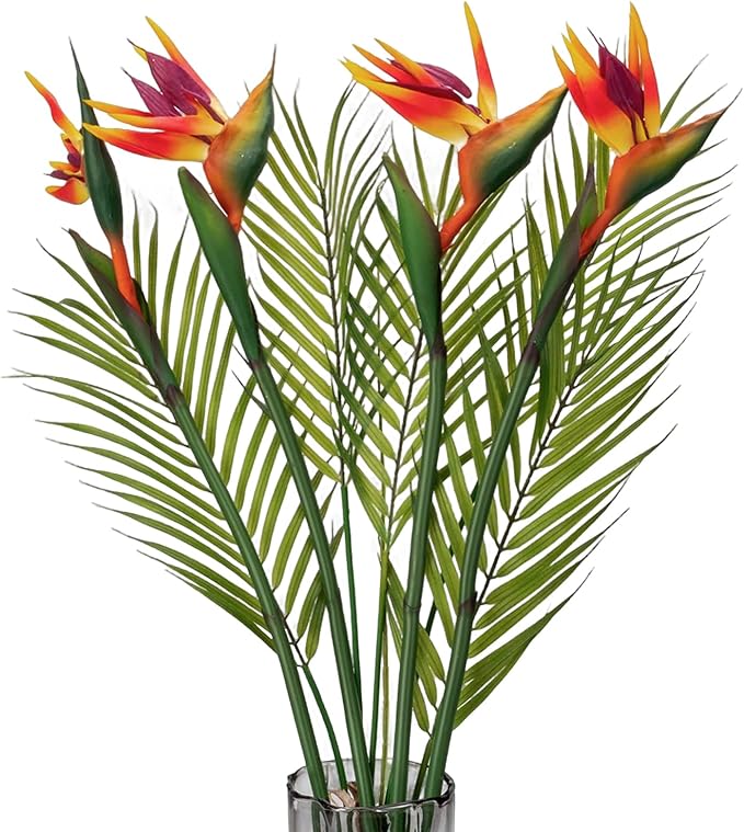 5Pcs 33.4Inch Artificial Birds of Paradise Plant Faux Birds of Paradise Stems for Vases with Palm Leaves for Wedding Home Party Hotel Table Centerpiece Indoor Outdoor Vases Decor(Green)
