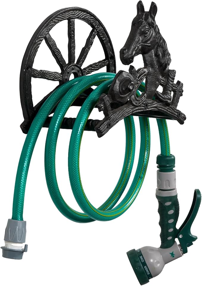 MyGift Heavy Duty Hose Holder, Cast Iron Outdoor Garden Hose Hanger Wall Mounted Water Hose Holder Reel with Vintage Scrollwork Design (Horse and Wagon)