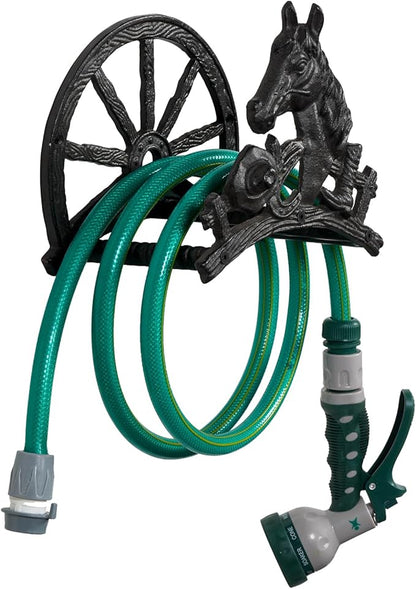 MyGift Heavy Duty Hose Holder, Cast Iron Outdoor Garden Hose Hanger Wall Mounted Water Hose Holder Reel with Vintage Scrollwork Design (Horse and Wagon)