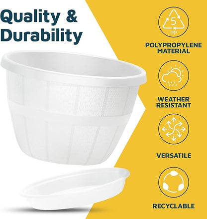 10-Inch Whiskey Barrel Planters Outdoor Pack of 10 - Durable Plastic Plant Pots for Indoor & Outdoor Use with Drainage & Saucer, Lightweight Rustic Barrel Planters for Flowers, Herbs & Small Plants