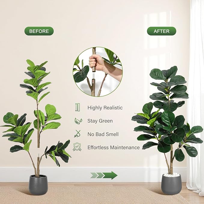 4 ft Fiddle Leaf Fig Tree Artificial with 48 Leaves - Realistic Faux Ficus Lyrata Trees in 7.8 in Grey Planter Pot, Indoor Fake Floor Plants for Home Office Living Room Decor, Housewarming Gift