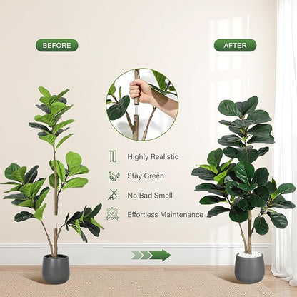 4 ft Fiddle Leaf Fig Tree Artificial with 48 Leaves - Realistic Faux Ficus Lyrata Trees in 7.8 in Grey Planter Pot, Indoor Fake Floor Plants for Home Office Living Room Decor, Housewarming Gift