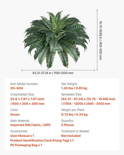 VEVOR Artificial Ferns 2 Pcs, 47 Inch Large Artificial Boston Ferns Plants, Faux Fern with 50 Branches, Artificial Plants Large for Outdoors/Indoor Home, Office,Garden (Flowerpot Unincluded)