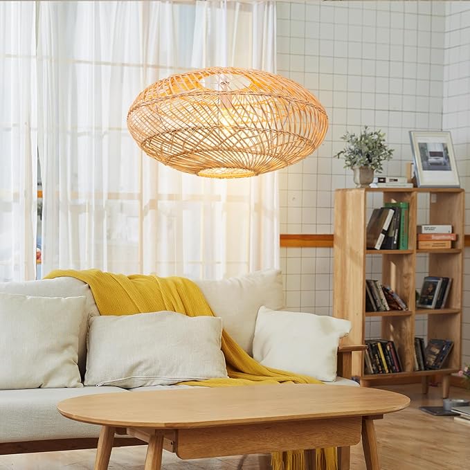Arturesthome Natural Rattan Pendant Light, Woven Round Chandelier Pendant Lamp Shade, Hanging Ceiling Light, Handmade Lampshade for Kitchen Island Dining Room Hallway Foyer
