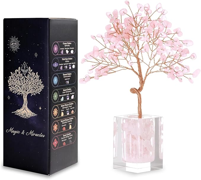 Rose Quartz Crystal Tree of Life Office Desk Decor for Women Home Living Room Decorations, Handmade Bonsai Tree for Emotional Support Harmony Natural Healing