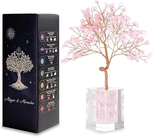 Rose Quartz Crystal Tree of Life Office Desk Decor for Women Home Living Room Decorations, Handmade Bonsai Tree for Emotional Support Harmony Natural Healing