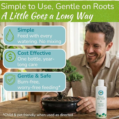 Bonsai Tree Food | Premium, Gentle Liquid Fertilizer for Healthy Growth, Strong Stems and Beautiful Blooms | 3-3-3 Balanced NPK Concentrate | Made in USA | 8 oz (240 ml)