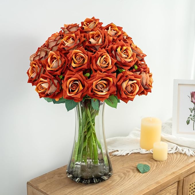 Fake Roses Faux Flowers Silk Roses Artificial Roses with Stems Realistic Artificial Flowers 16.5In Suitable for Indoor Home Decoration DIY Bouquet Wedding Decor Party Decor 24PCS (Orange)