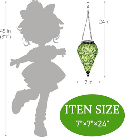 Solar Hanging Lantern Outdoor Garden Lights, Tear-Shaped Glass and Metal Hanging Lantern, 15 Firefly LED Lights, 7 x 24 Inch,(Green)
