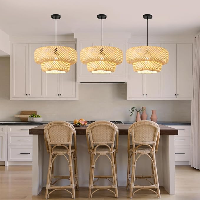 17.8 inch Farmhouse Bamboo Pendant Lighting Handmade Woven Chandelier Beige Bohemian Hanging Light Fixture for Kitchen Island Dining Room Living Room Coffee Restaurant