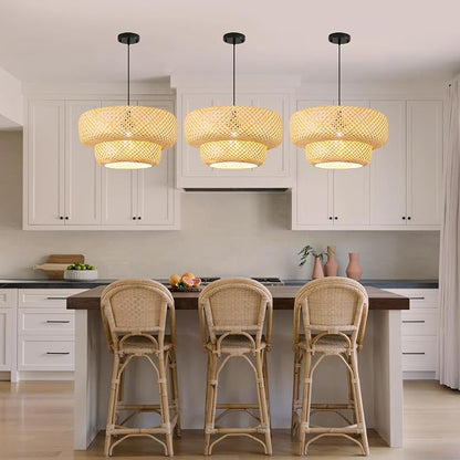 17.8 inch Farmhouse Bamboo Pendant Lighting Handmade Woven Chandelier Beige Bohemian Hanging Light Fixture for Kitchen Island Dining Room Living Room Coffee Restaurant