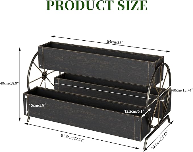 Metal Wagon Planter Box, 3-Tier Garden Planter with Wagon Wheels, Decorative Outdoor Planters for Flowers Herbs Vegetables, Flower Cart Small Raised Garden Bed for Patio, Balcony (Retro Gold)